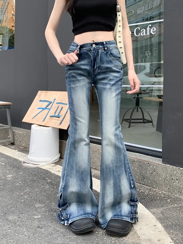 2025 ropa y2k moda lavada angustiado azul magro alargamento novas calças jeans para roupas femininas coreano casual senhora velho denim calças