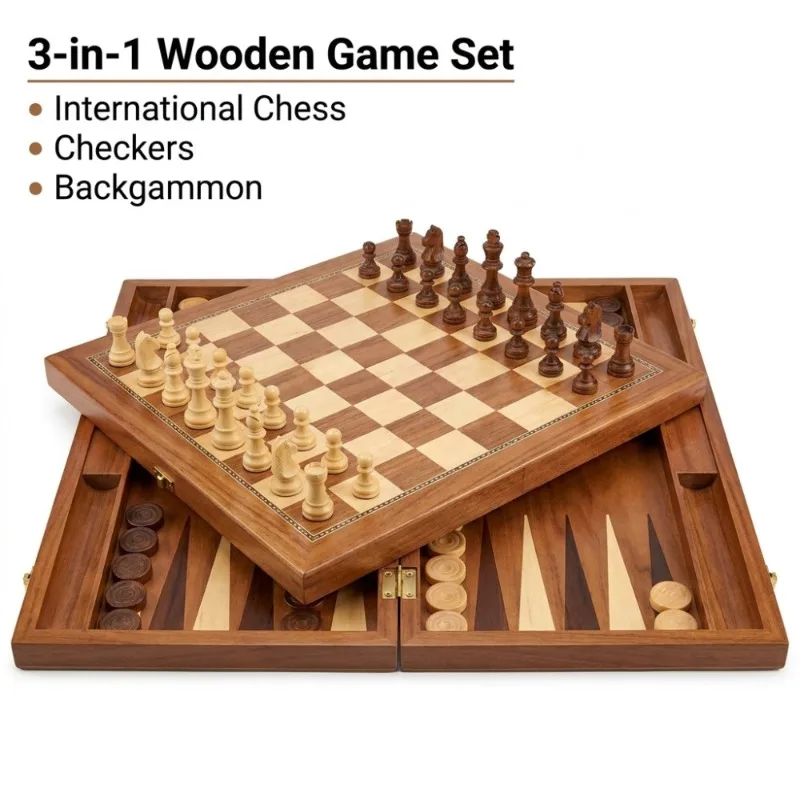 

New 3 in 1 Wooden Checkers Backgammon Chess Set, Board Party Travel Games With Portable Folding Chessboard