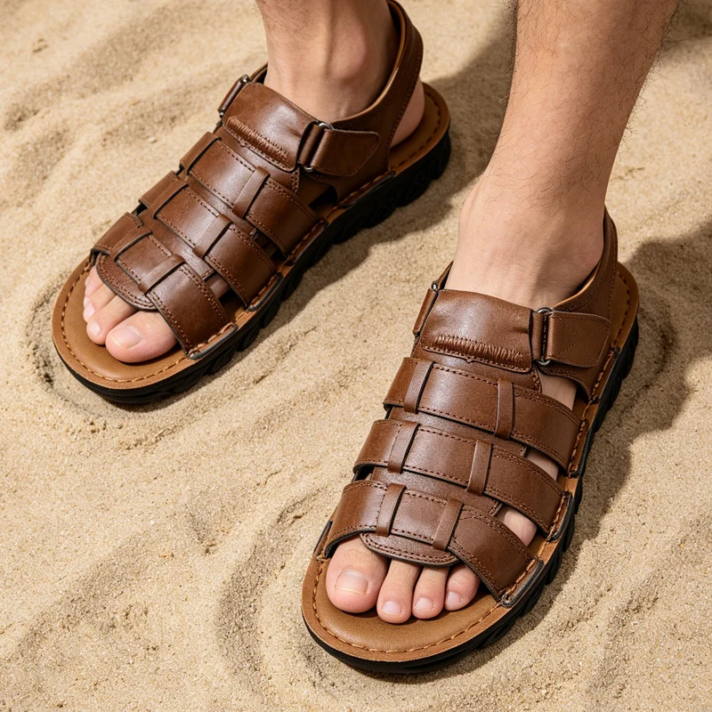 Men's Summer Comfortable Soft-Soled Driving Slippers Anti-Slip Wear-Resistant with Magic Tape for Outdoor Beach Sandals-E41