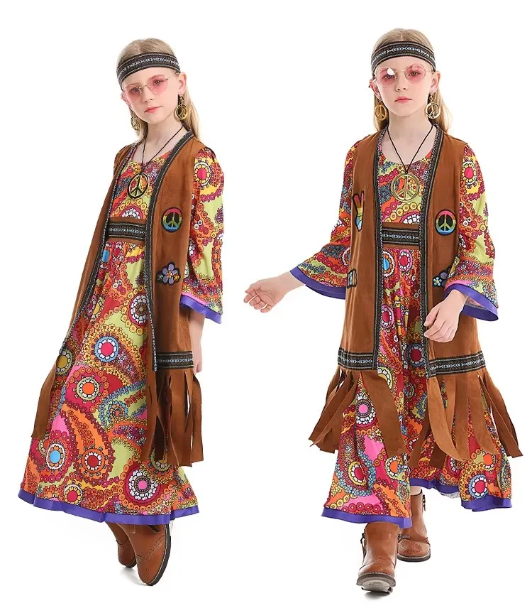 Kostum Halloween mengalir, permainan peran anak-anak hippie Su, kostum hippie disko kuno, kostum penyanyi 60-an