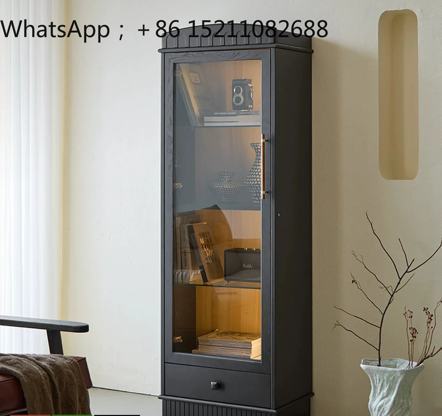SCY solid wood floor-to-ceiling bookcase, locker integrated storage, living room home wall black wine cabinet