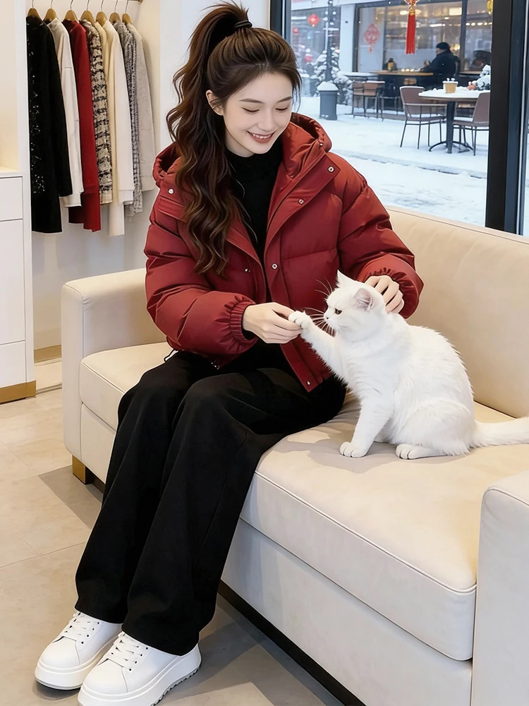 

Thiened Hooded down Cotton Jaet Women's Warm Fce Lined Padded Coat Korean Sle Loose Fit Long Sve Zipper Closure