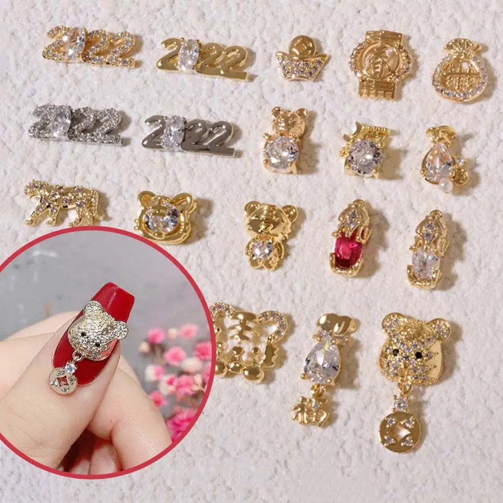 Chinese Shiny 2022 Year Luxury Tiger Year Zodiac Jewelry Nail Art Rhinestone New Year Nail Art DIY Nail Decoration