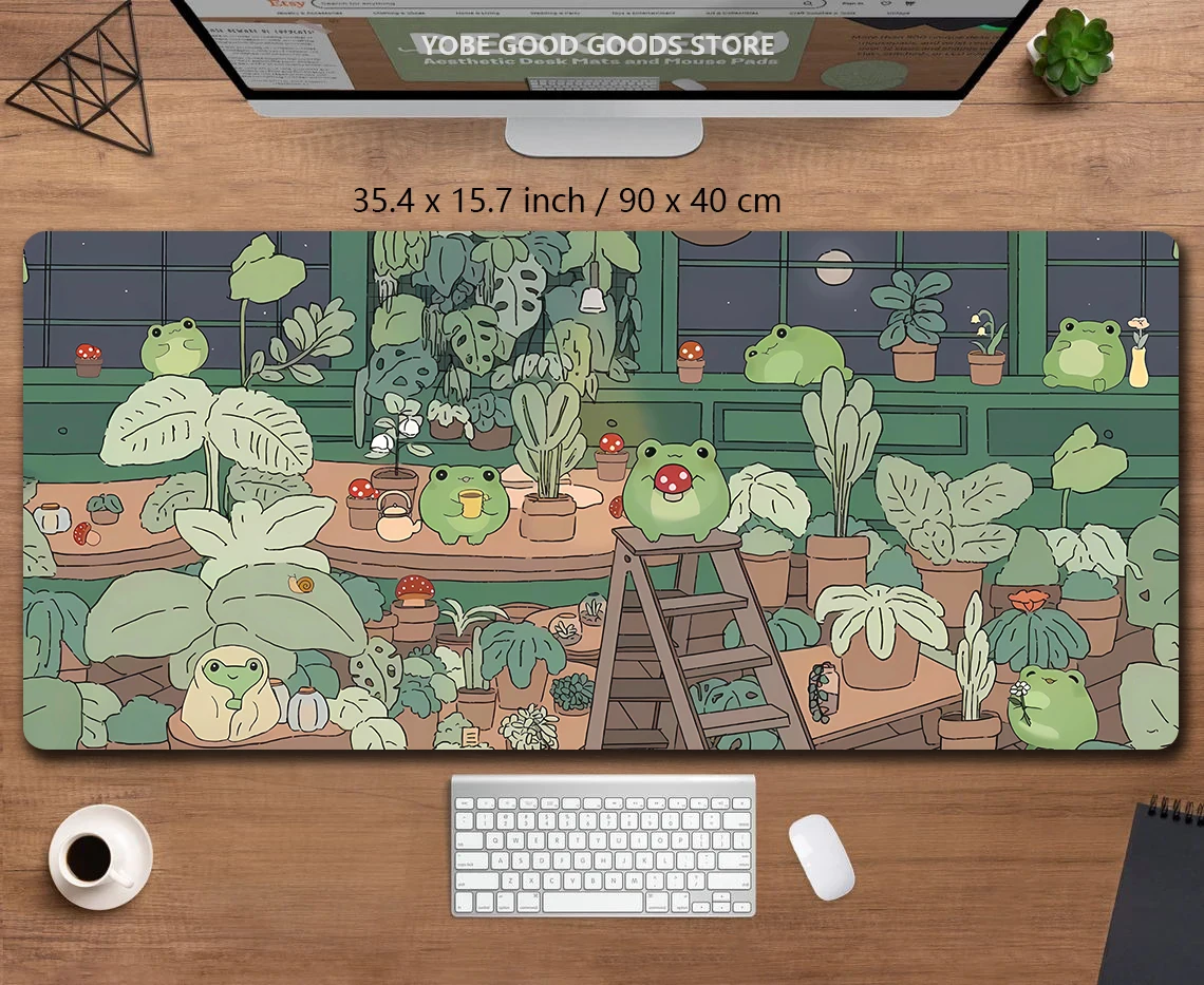 XXL Kawaii Frog Plant Nature Anime Gaming Mouse Pad Non-Slip Rubber Stitched Extended Desk Mat for PC Laptop Office Gift