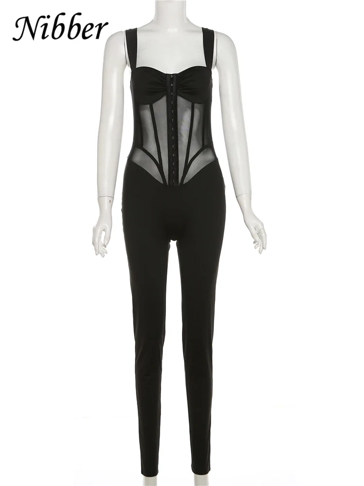 Nibber Sexy Mesh Patchwork Jumpsuits Women Solid Color Sleeveless Tight Body-shaping Hipster Female Skinny One Piece Overalls