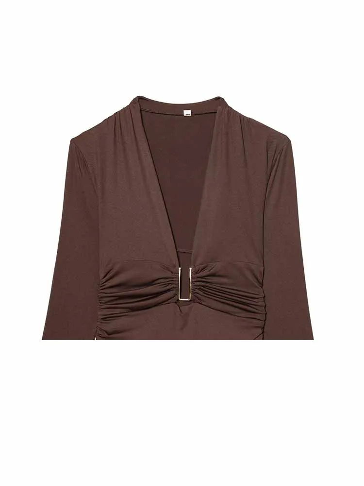 HH femme printemps tendance mode manches longues col en V profond plissé décoration combinaison femme décontracté couleur unie polyvalent hauts