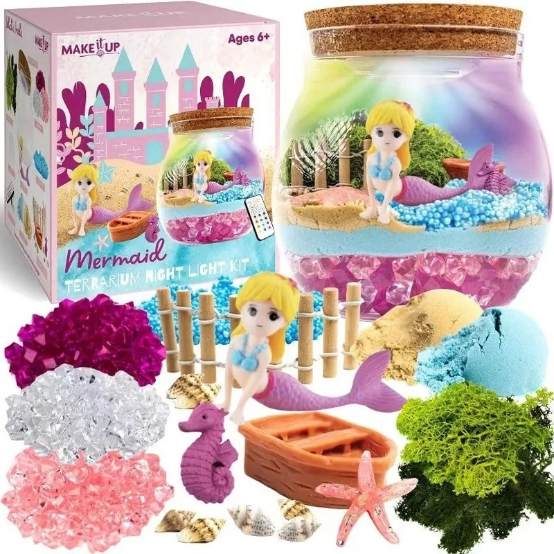 Make It Up DIY Mermaid Terrarium Night Light Kit New 2025 Glowing Jar Craft Set With Mini Figurines For Kids Ages 6+ Room Decor