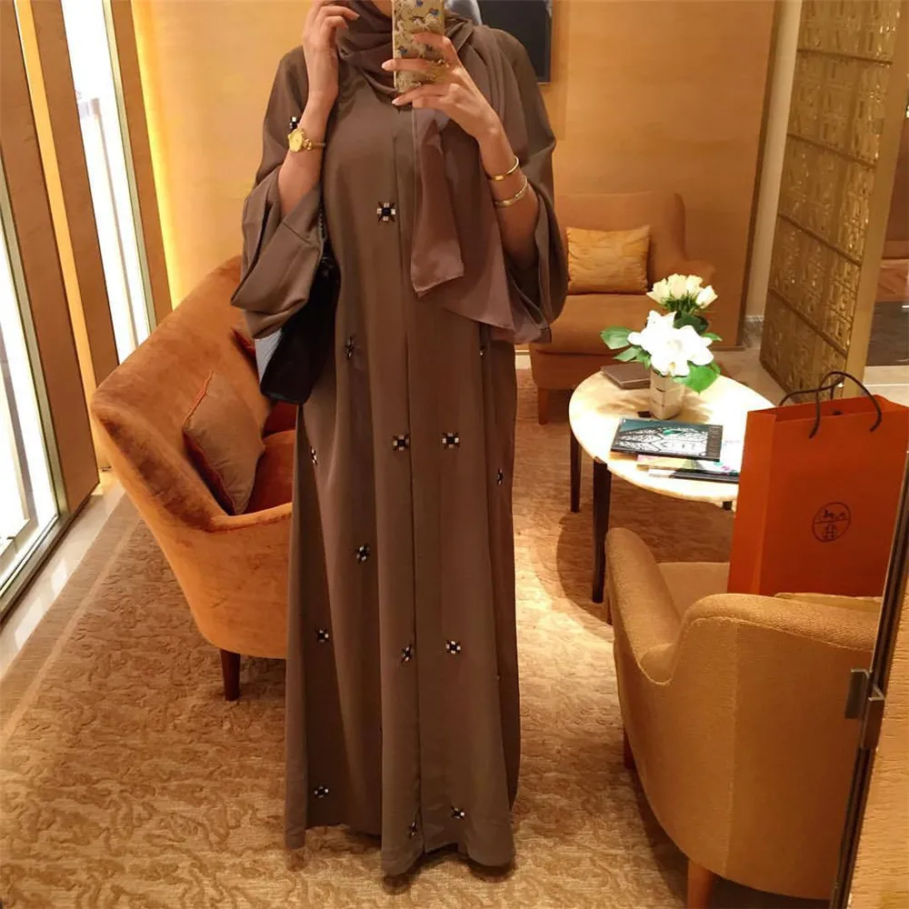 Robe Abaya Ouverte avec Perles pour Femme Musulmane, Kimono, Kaftan, Hijab, Cardigan, Jalabiya, Vêtement Islamique, Eid Ramadan, Dubaï, Turquie, 2024