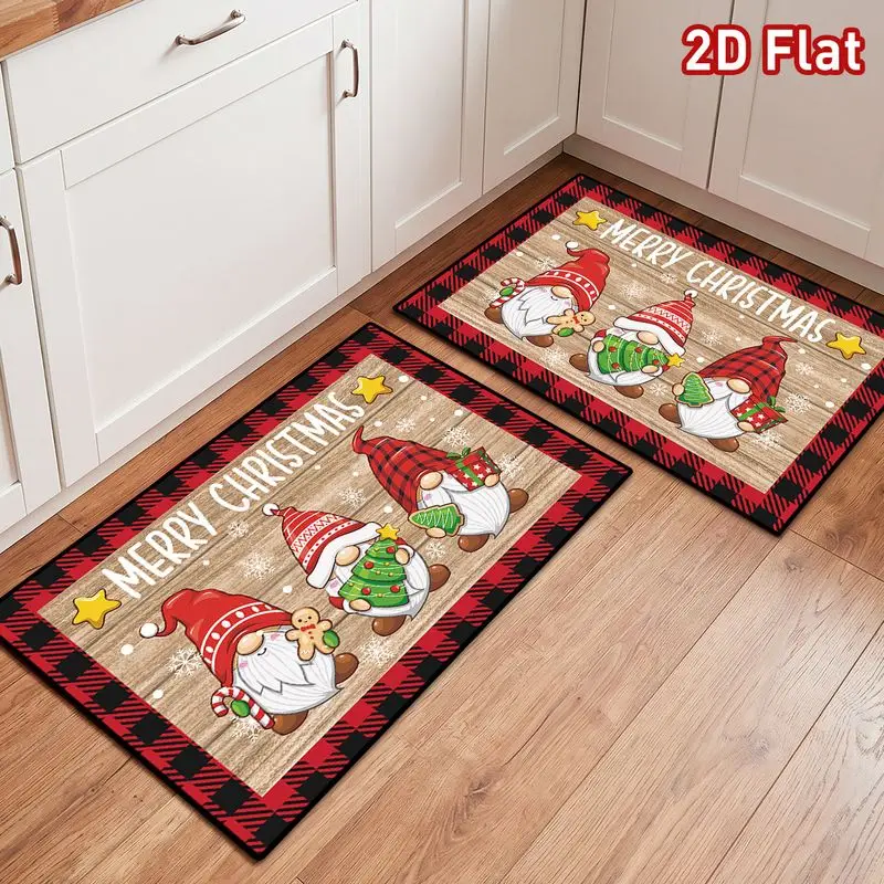 VIKAMA Welcome Mat Christmas Gnome Trio Plaid Antler Hat Doormat Non Slip Washable For Front Porch Indoor Outdoor Home Decor