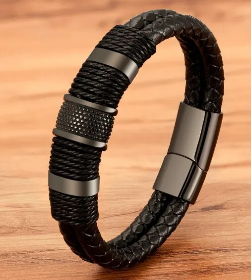 Vintage Woven Leder Seil Wrap Armbänder Für Männer Klassische Edelstahl Armreifen Armbänder Punk Armband Schmuck Männliche Geschenke