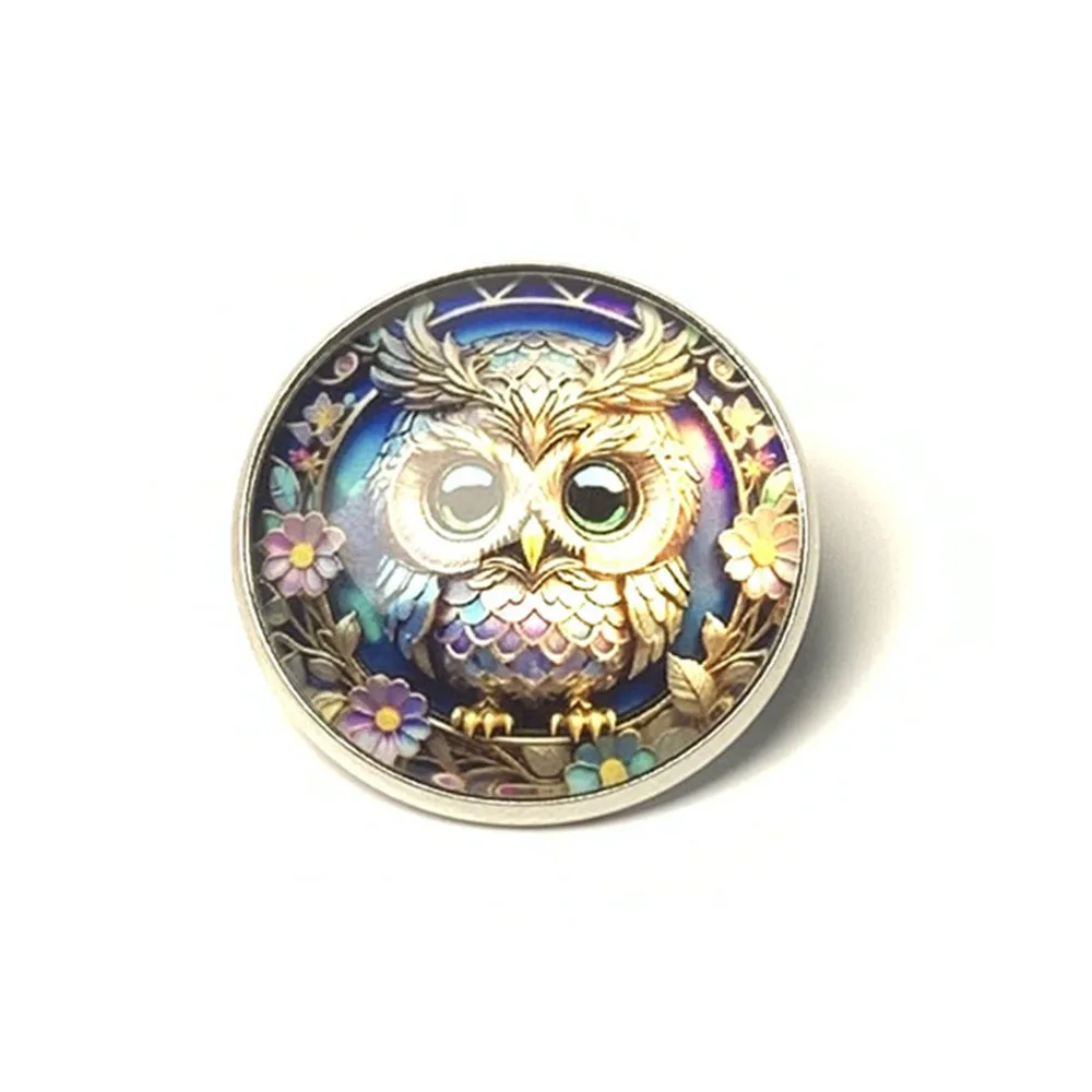 Round Alloy Time Gem Brooch, Stained Glass Owl Bird Peacock Lapel Pin, Avian Dome Clothing Badge Gift for Wildlife Nature Lovers