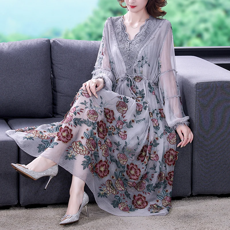 Embroidered Dress Women's 2022 Summer New Large Size Loose Floral Casual Print Skirt High-end Temperament Party Wear Vestidos