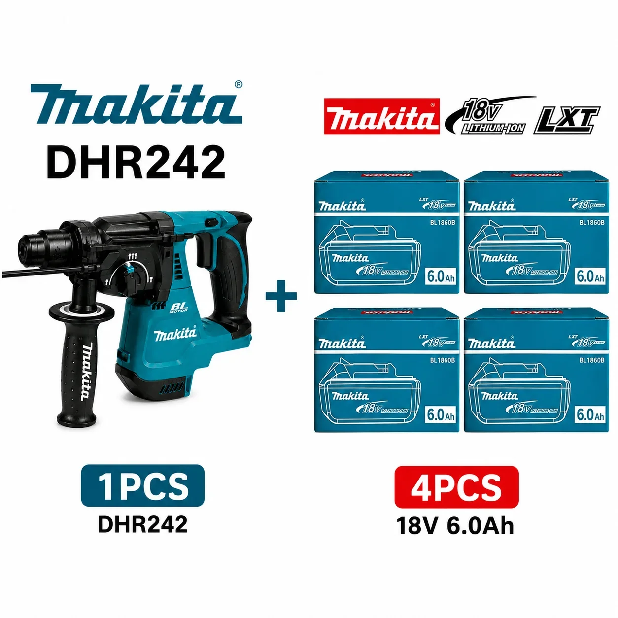 Makita DHR242 18V LXT Bürstenloser Akku-Bohrhammer 24mm SDS Plus 2,0J 4700 BPM 3-Modus Beton-Bohrwerkzeug-Set mit BL1860B BL1840 Akku-Ladegerät