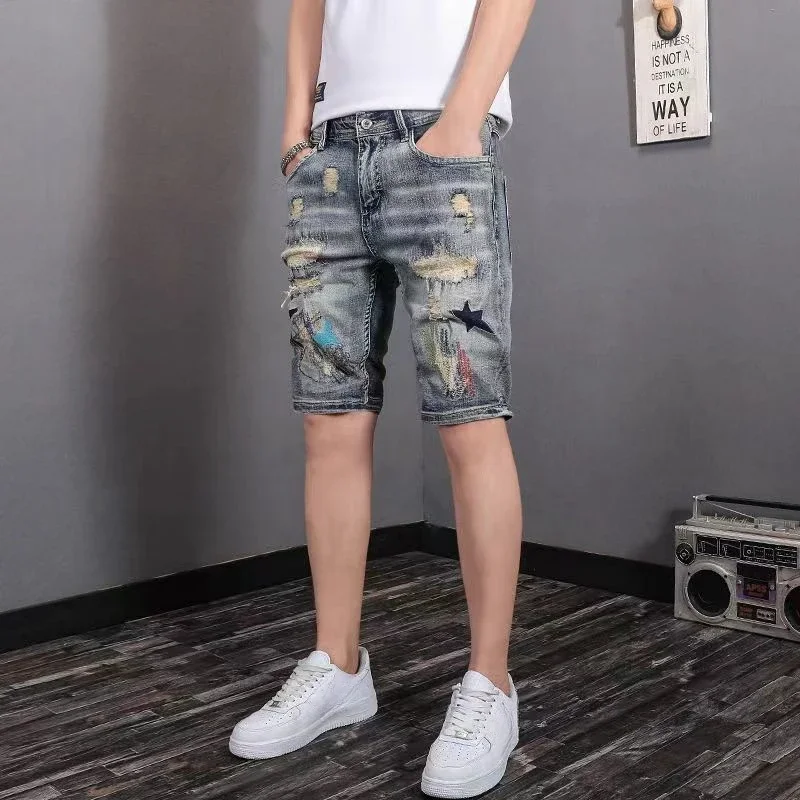 Man Denim Shorts Multi Color Ripped Harajuku Short Jeans Pants For Men Luxury Xxxl Sale With Vintage Cut Original Popular