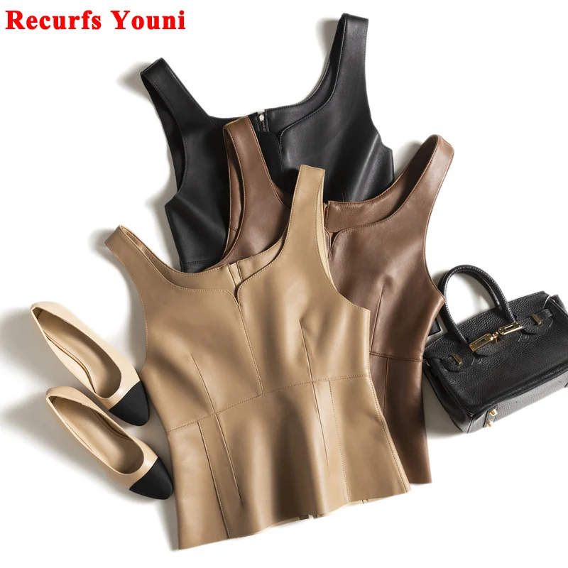 Lambskin Vest Women Female Vintage Sewing Line Zipper O-neck Natural Leather Sling Outwear Black Slimming Tank Top Chaleco Mujer