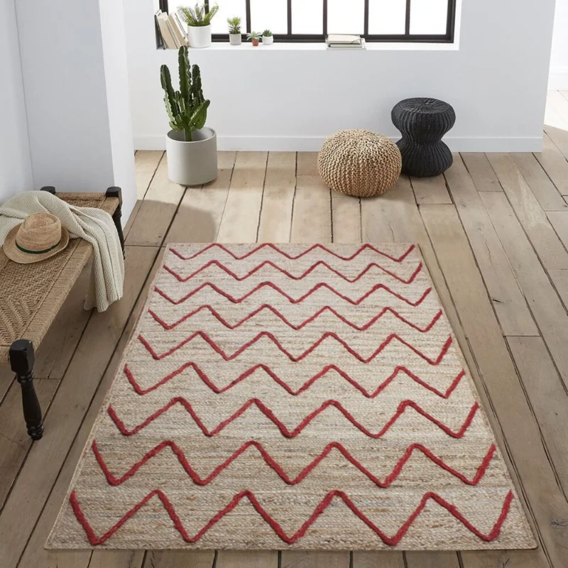 

Rugs Natural Jute Handmade Braided Modern Home Decor Carpet Red Wavy Decorative Garden Style Living Room Floor Carpet