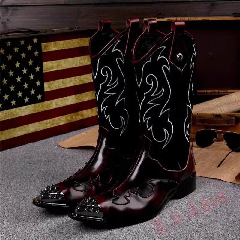 Winde Red Color Embroidered High Barrel Men's Boots Vintage High Top Shoes Low Heel Pointed Daily Hairstylist Leisure Boots