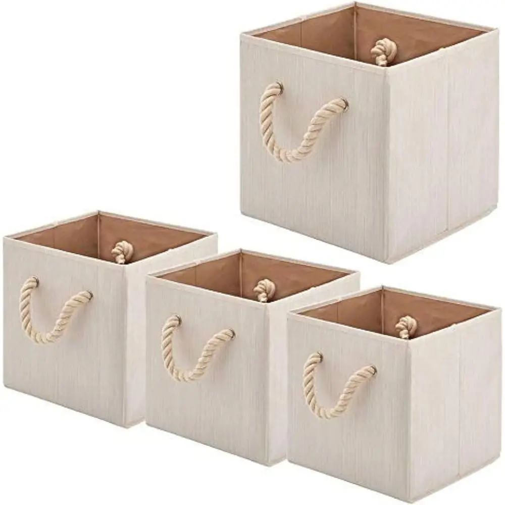 

oldable Bamboo abric Storage Bins [set o 4] with Cotton Rope Handles, Collapsible Organizer Boxes Basket - 10.5 x 10.5 x11 inch