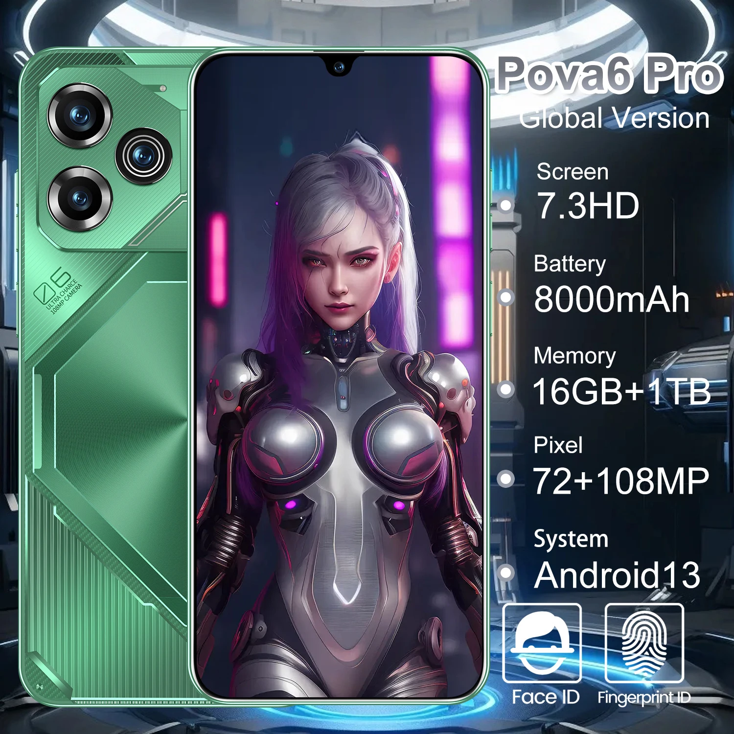 Global Version Pova 6 Pro Smartphone 22GB+2TB 7.3 inch HD 8000mAh 4G 5G Dual SIM Cellphone 72MP+108MP Camera 10 core Super Phone