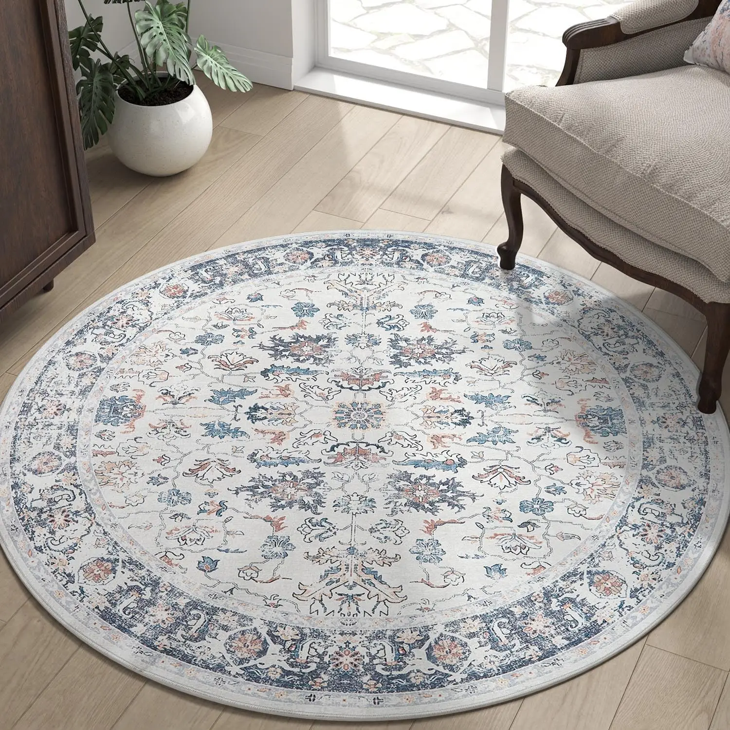 

Round Rug 4Ft Area Rug - Washable Boho Vintage Floral Circle 4' Round Floor Cover Lightweight Low Pile Thin Throw Non-Slip