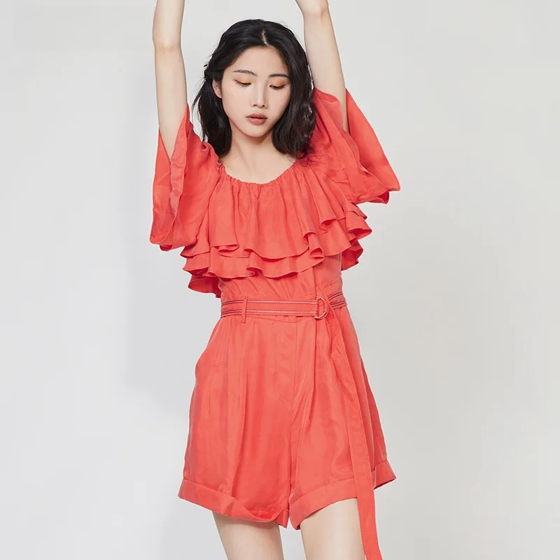 

Esons Sweet Summer One-oulder Ruffle Hem Slim Waist Belted ort Rer Women's Faion mid Waist Straight Leg ort Pants