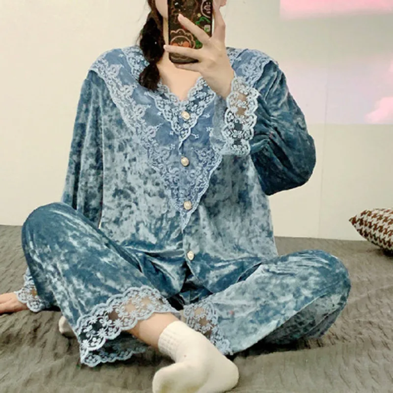 Fdfklak Korean Elegant Gold Velvet Pajamas For Women Sweet Lace Long Sleeve Sleepwear Set V Neck Spring Autumn Home Clothes