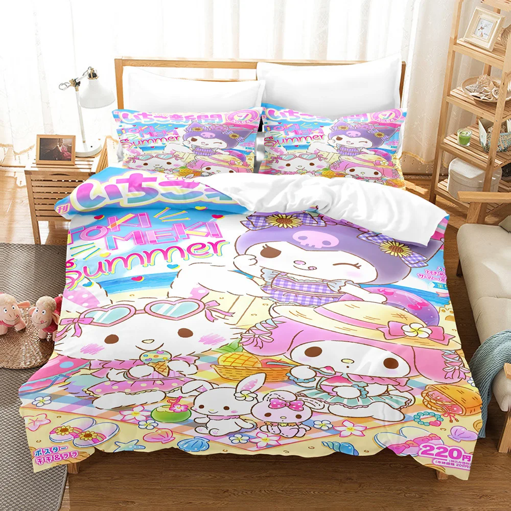 Imagem -02 - Sanrio Cartoon Bedding Conjunto For Kids Anime Bonito Kuromi Melody Quilt Cover Fronha Hello Kitty Capa de Edredão King Size Cama de Meninas