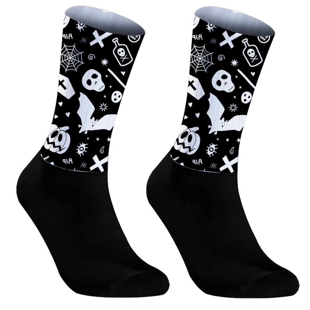 Skull Pattern Fiets Compressie Sport Sok Anti Slip Professionele Wielersokken Heren En Vrouwen Straatsportsokken