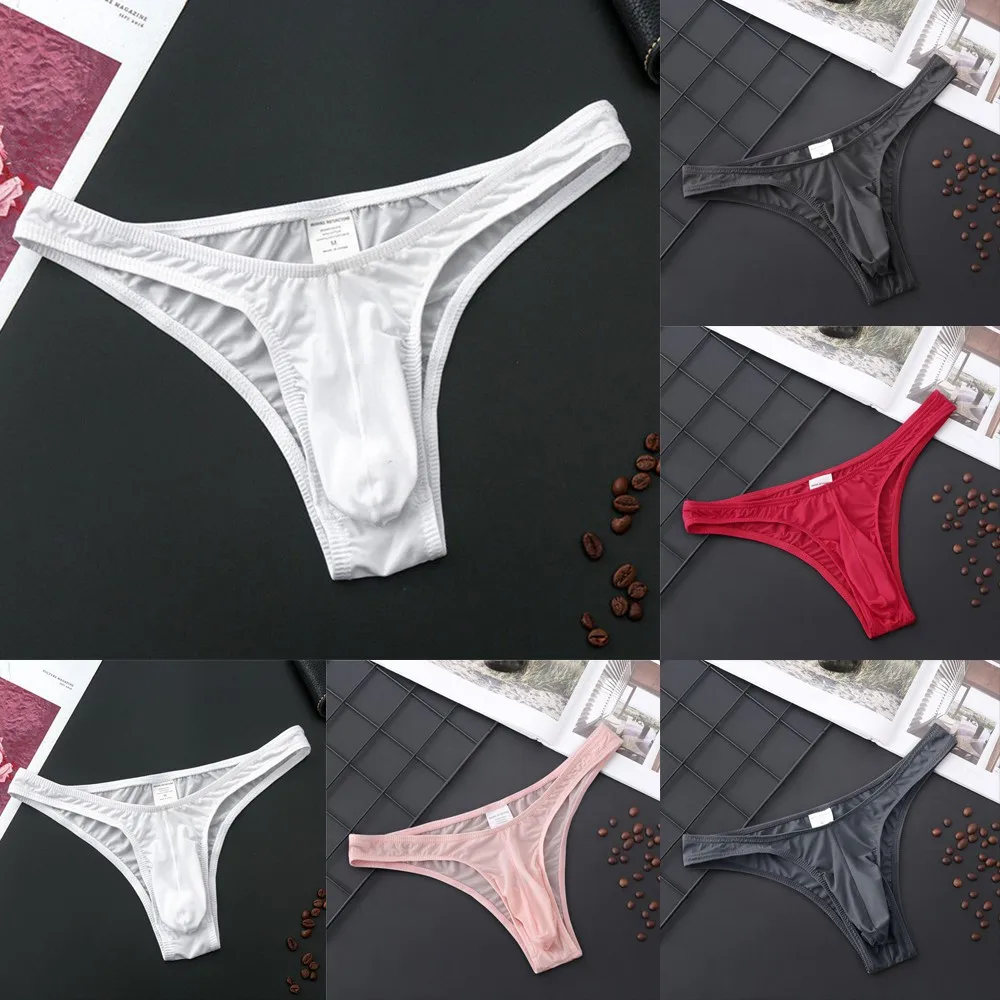 Men Briefs Pouch Underwear Breathable Thong Ultra-Soft Low-Rise Bikini Sexy Lingerie Men G-String Ice Silk Man Underwear Gays