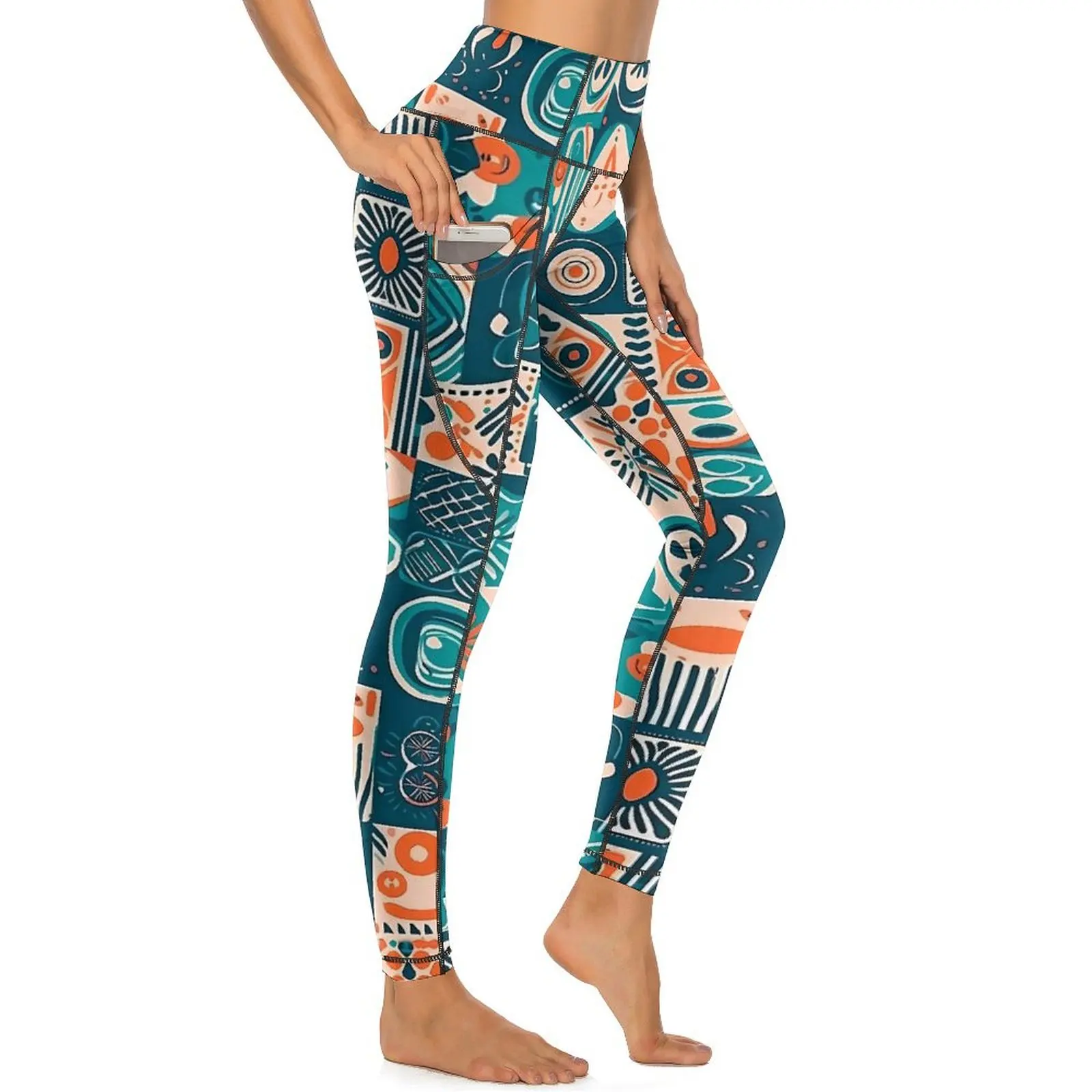 Ethnic Tribal Icon Leggings Sexy Patchwrok Print Gym Yoga Pants High Waist Stretchy Sport Legging Pockets Novelty Custom Leggins