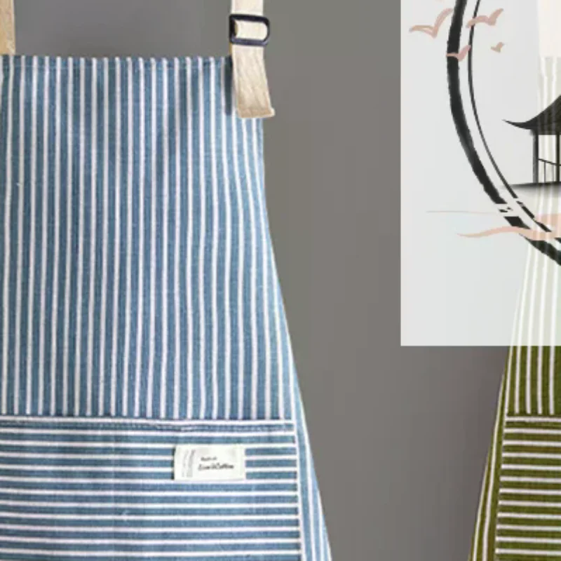 Sleeveless Apron Breathable Hanging Neck Apron Restaurant Special Cotton Linen Home Cleaning Kitchen Apron Vertical Stripe