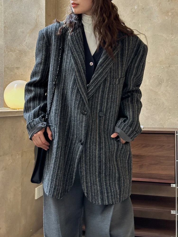 BZVW Vintage Striped Wool Blazer Women Notched Collar Double Breasted Casual Coat Fashion 2024 Autumn Winter New 2AA3703