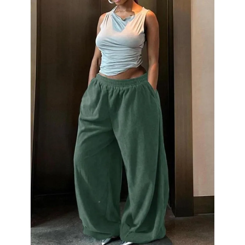 حجم كبير سراويل الموضة النسائية الجديدة ملابس الشارع الأساسية مستقيم عادية بنطال ملاصق للجسم سيدة مثير الصلبة بسيطة محبوك بنطلون