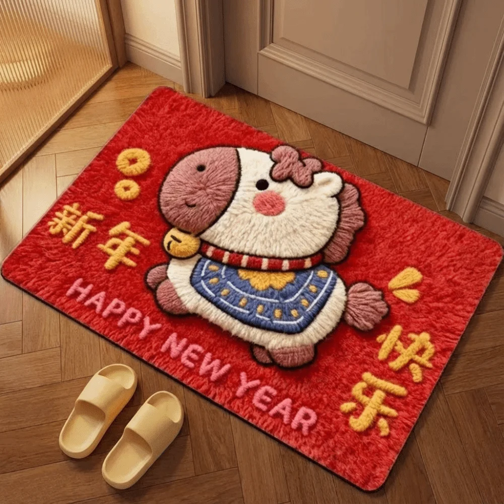 

Weaving Texture Horse Floor Mat Blessing Words Quick Dry 2026 New Year Anti Slip Mat Cartoon Soft Pony Door Mat Lunar New Year