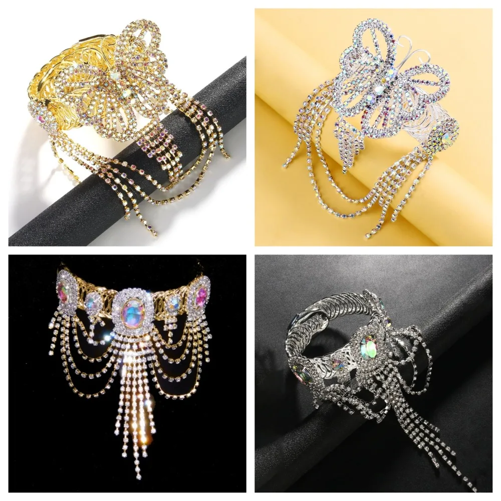 Adjustable Crystal Tassel Arm Chain Armlet Alloy Butterfly Rhinestone Anklet Bling Bracelet Oval Upper Arm Bangle Girls
