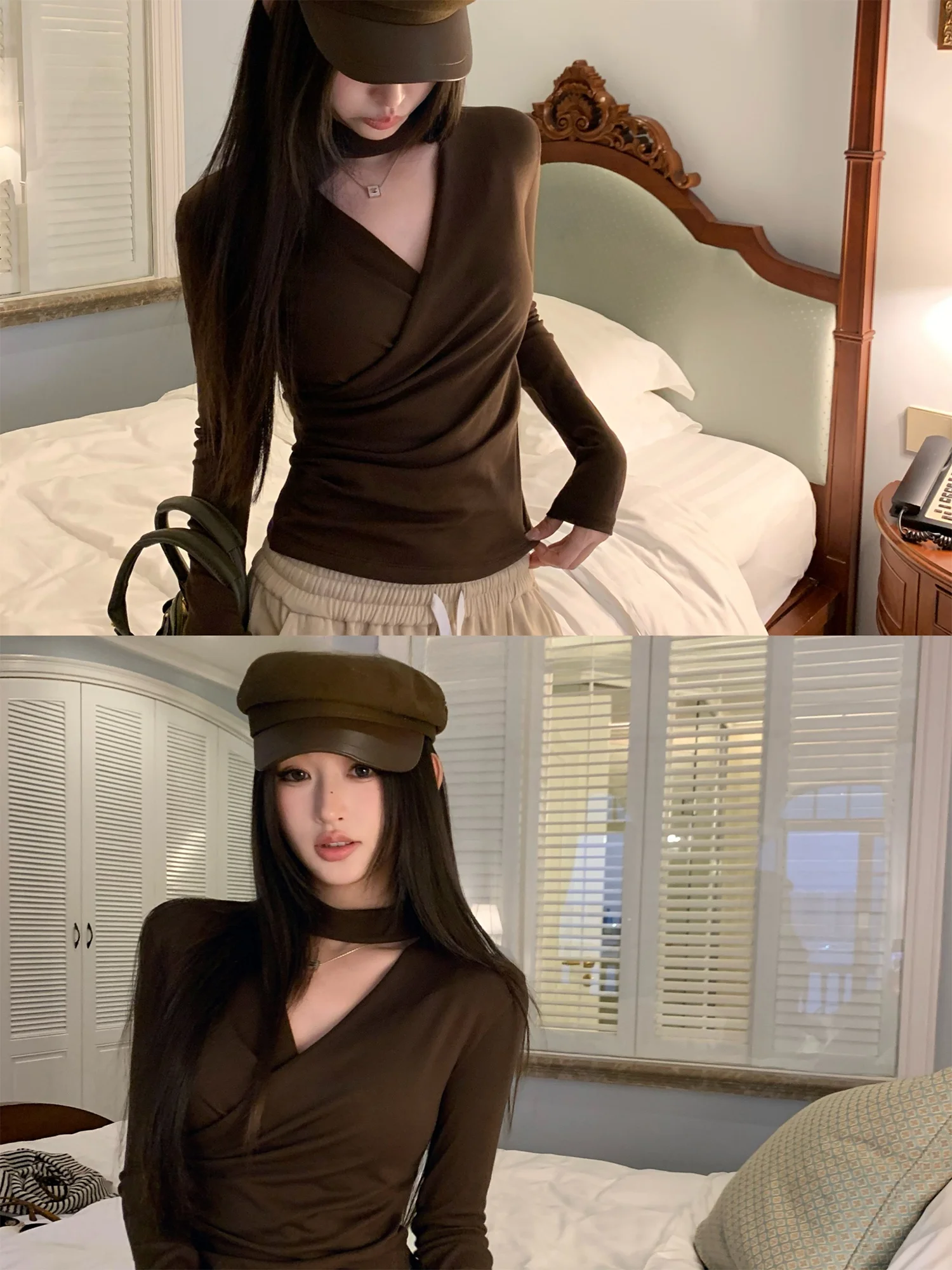 

Chen Mi Fan Sena Artist Cross V-ne Long Sve Knitted Sweater Women's Design Sensation Hanging Ne Slim Base Top