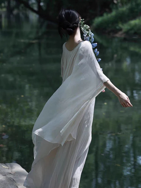 Nuovo cinese Sle White Dr Donna Estate Zen Sensation Allentato Pigro Sottile Dra Abito lungo Gonna a trapezio Materiale sottile