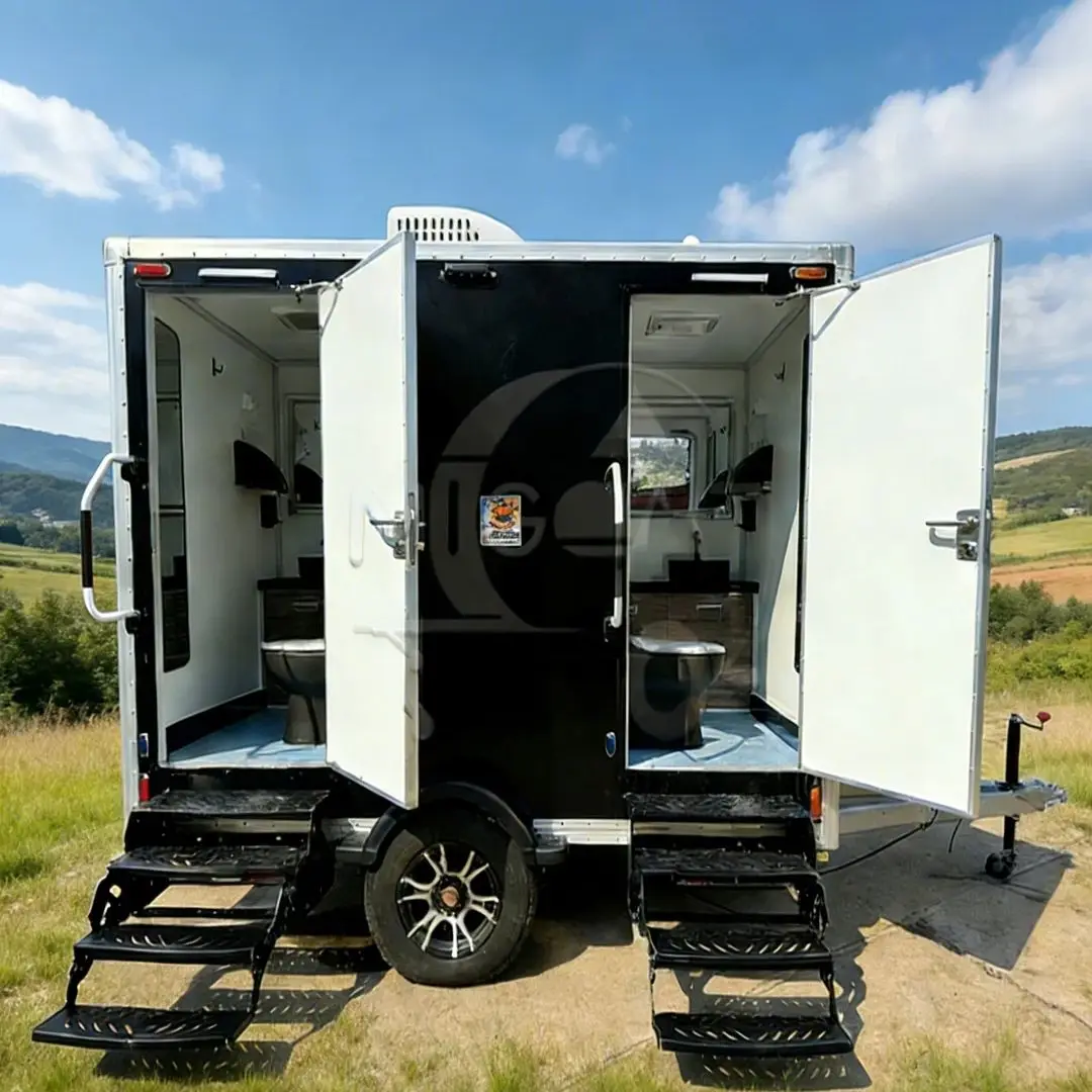 

Customizable Dual Stall Mobile Toilet Trailer for Commercial Use with Foldable Steps Privacy And Convenience on the Go