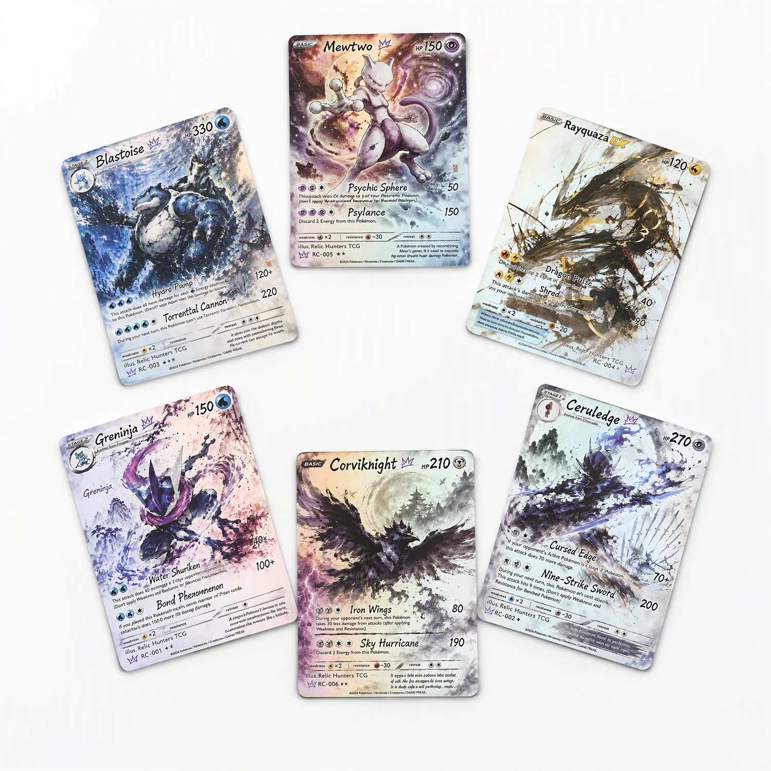 DIY TCG PKM Collection Card Ink Wash Style Cards Set Relic Hunters Greninja Mewtwo Rayquaza Blastoise Anime Game Cards Gift Toy