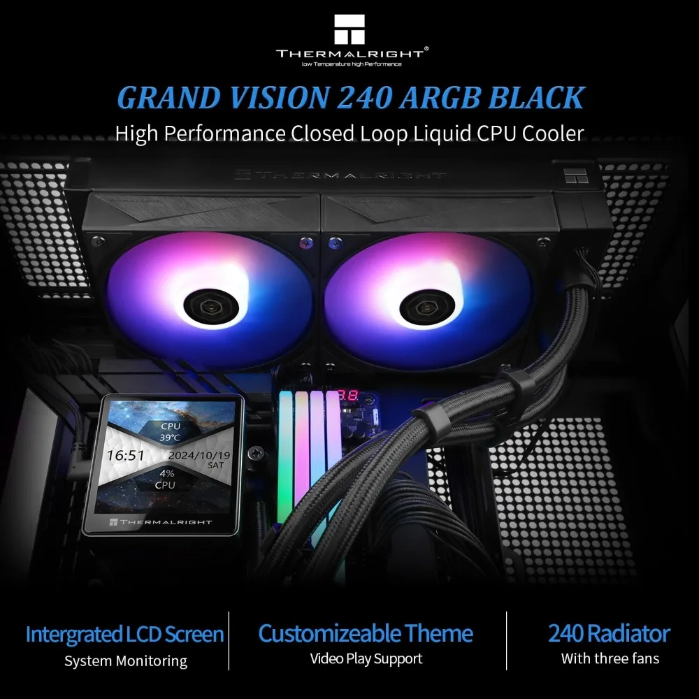 مبرد وحدة المعالجة المركزية السائل Thermalright Grand Vision 240 ARGB AIO مع شاشة IPS LCD، دقة عالية لـ AM5، LGA1851، وLGA1700 Soc