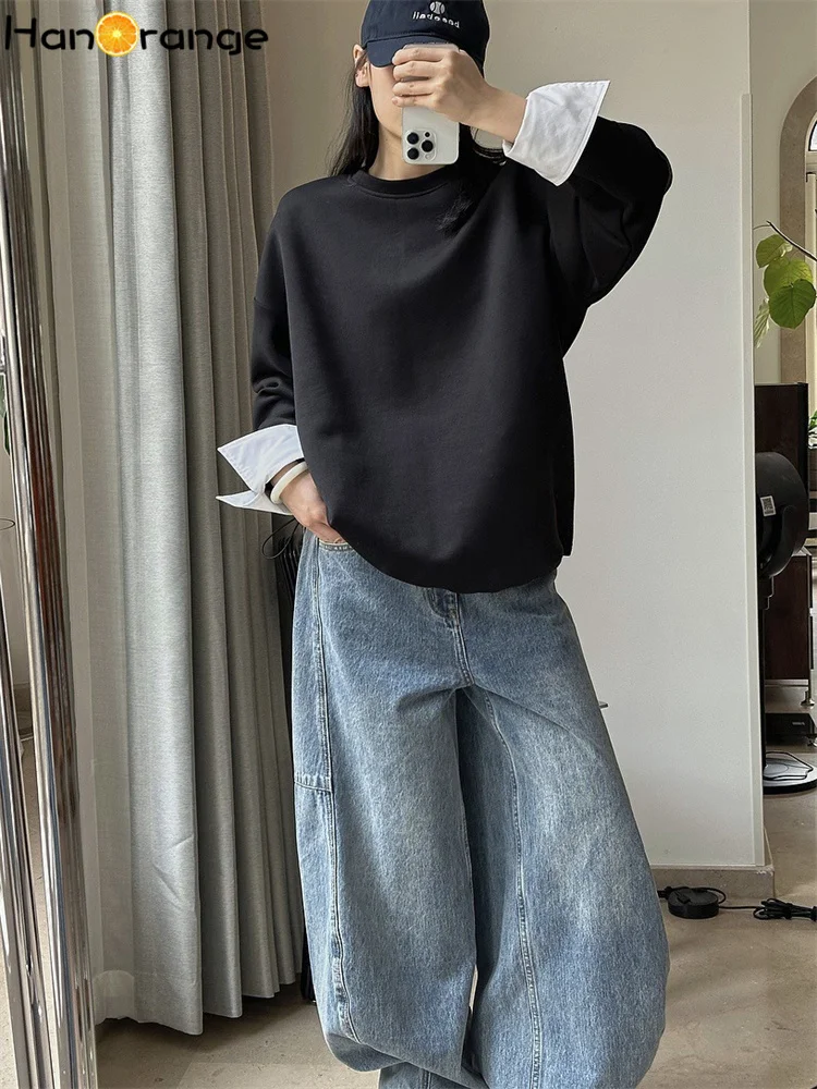 HanOrange 2025 Spring Simple Lazy Splicing Sleeve Sweatshirt Loose Silhouette Comfortable Top Black/Apricot Blossom