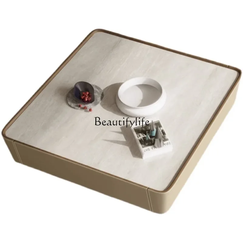 

LJY*Slate coffee table square Italian light luxury living room home modern simple saddle leather designer TV cabinet