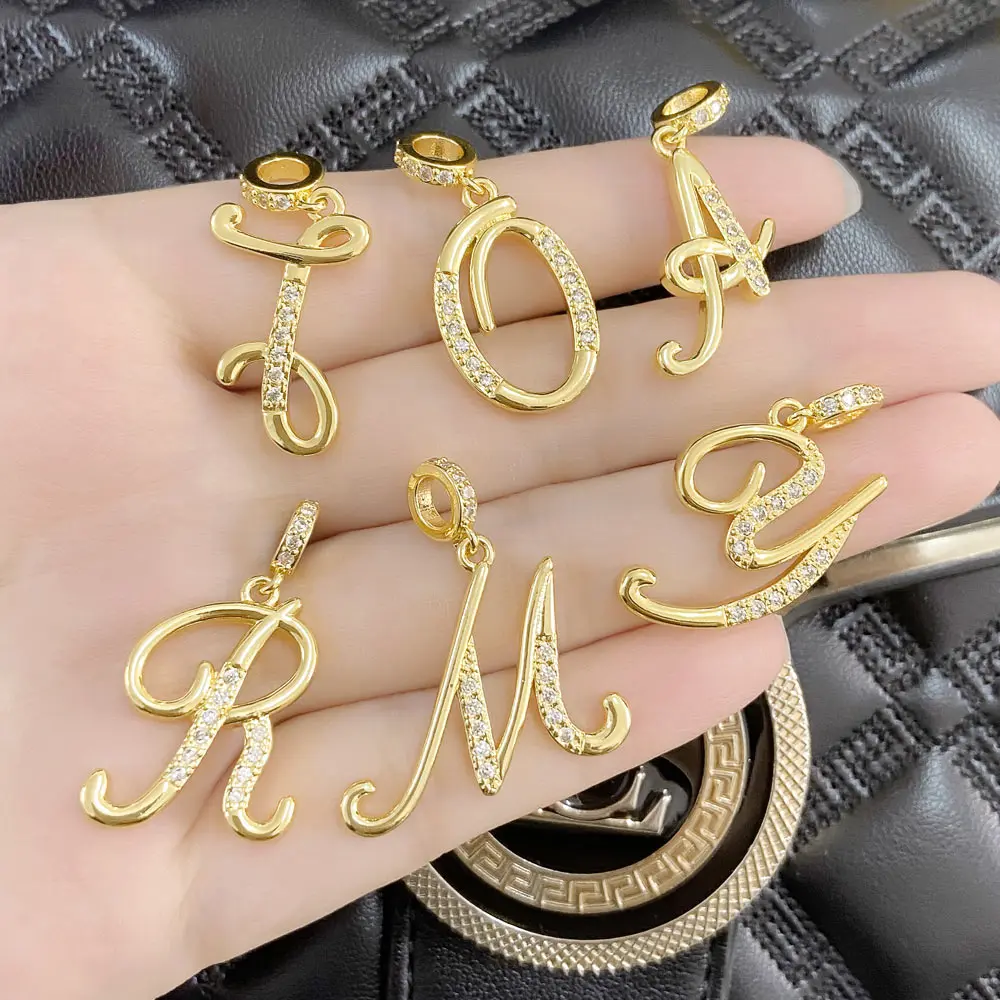 OCESRIO White Crystal Big 26 Letters Pendant for Necklace Copper Gold Plated Thin Alphabet Jewelry Making Component pdta451