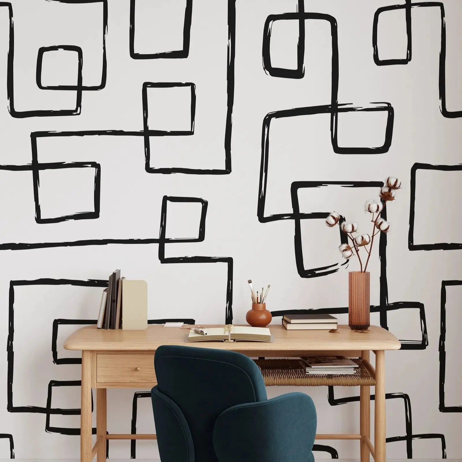 Black Abstract Line Self Adhesive Wallpaper,Peel and Stick Boho Style Mural,Scandinavian Black and White,Or Tradition Un-paste