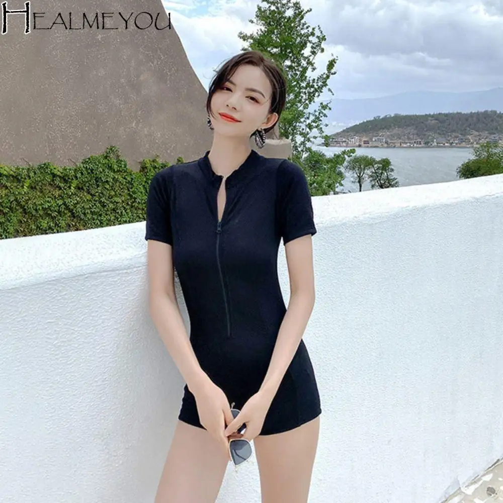 

Bodysuit Short Sleeve Swimming Suit Half High Collar Solid Bathing Suit High Neck Blue One Piece Swimsuit Swimming