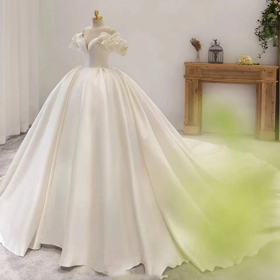 Elegant Satin Off The Shoulder V-Neck Wedding Dresses For Women Short Sleeve Bridal Dress Court Train Princess 2025 Ball Gown