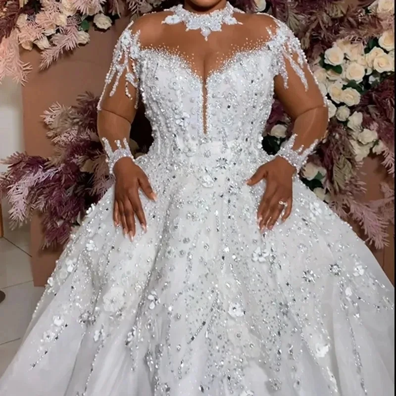 Luxury Arabic Wedding Dress 2025 High Neck See Through 3D Flowers Beads Pearls Corset Back Robe De Mariage Bridal Gowns Vestidos