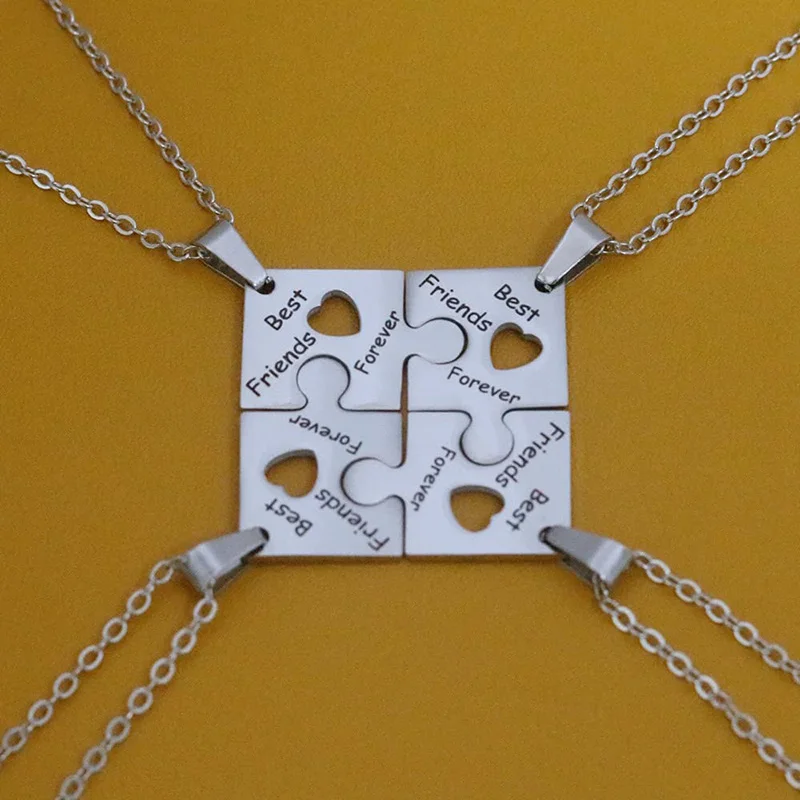 4 Pcs/Set Best Friends Forever Puzzle Pendant Necklace Set Stainless Steel BFF Necklaces Jewelry