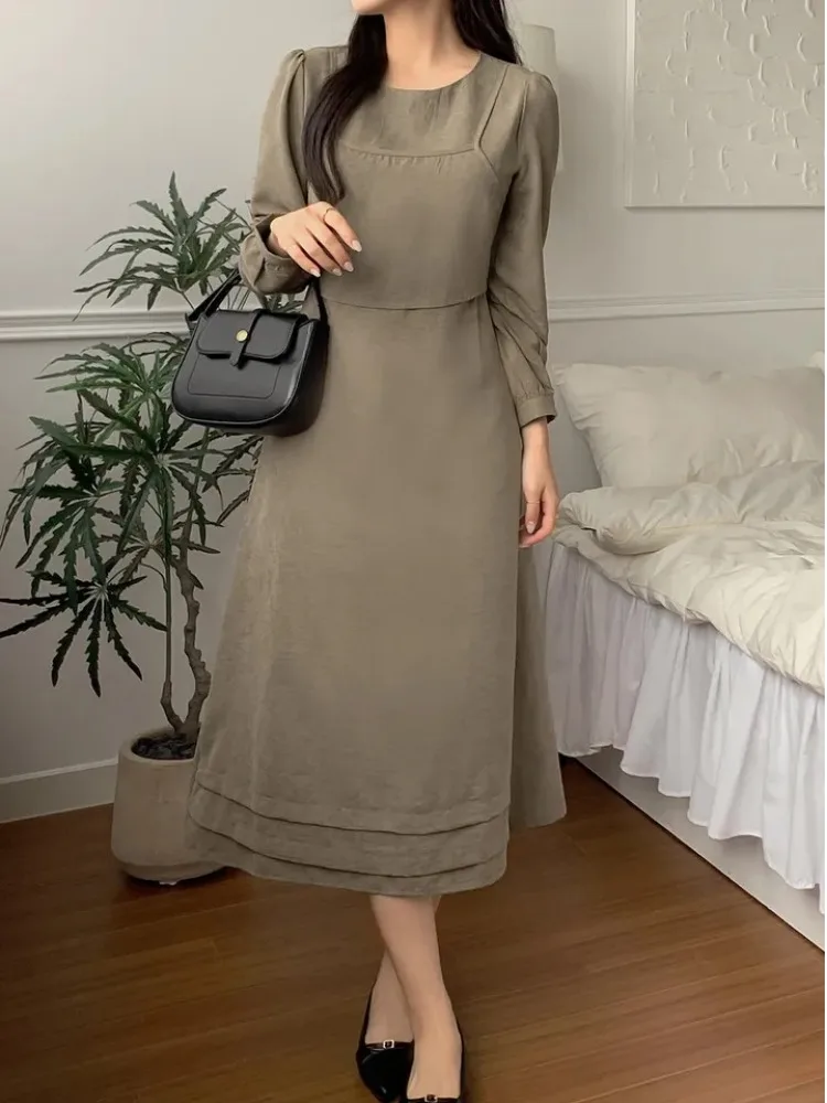 Korean Style Autumn Winter Dress Women's Soft Fleece Bubble Sleeve High Waist Midi Skirt Fashionable Elegant Inner Wear Dress