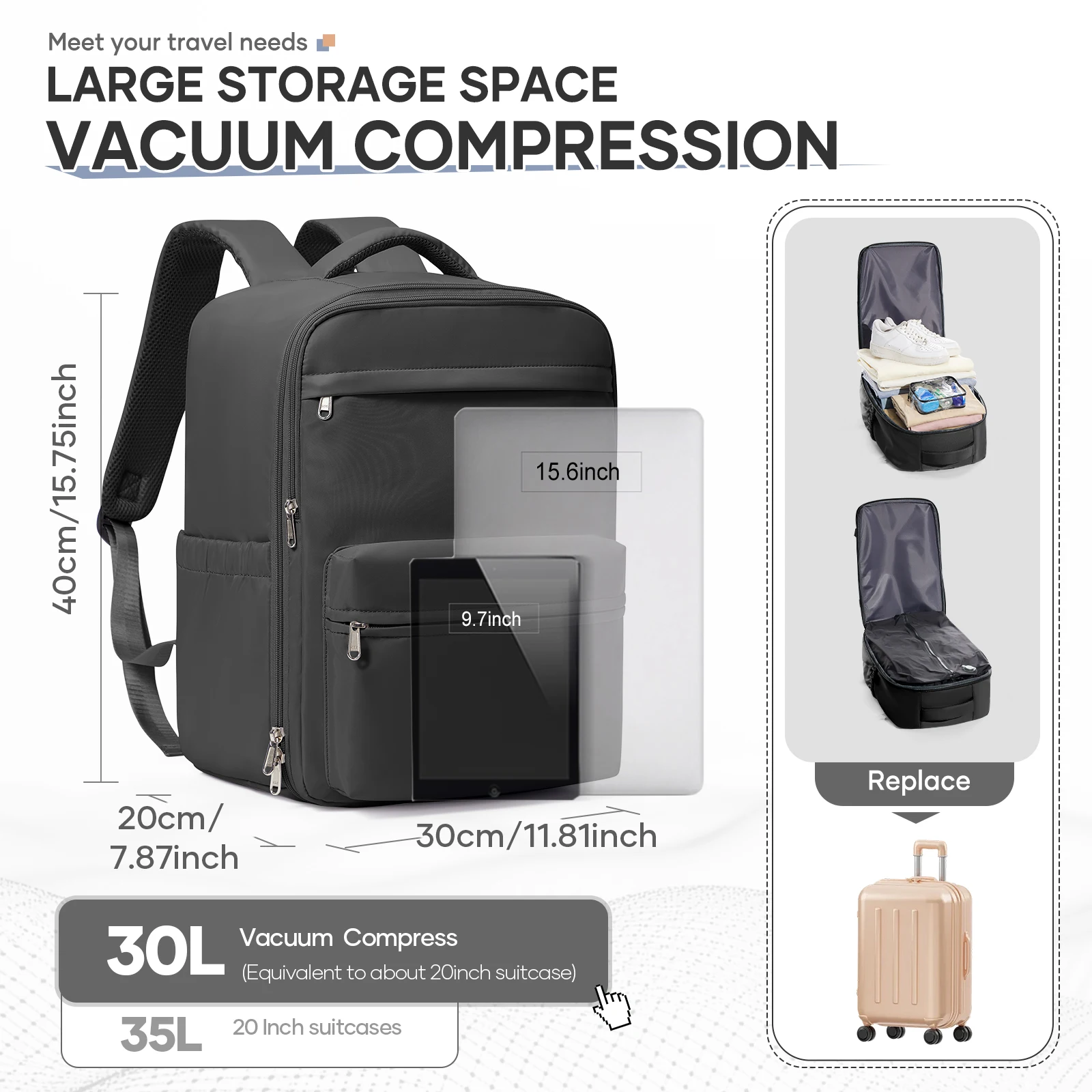 Vacuum Compression For Backpack with Manual Pump Ryanair Approved Carry-On Backpack 40x30x20 Travel Backpack, Vacuum Storage Bag